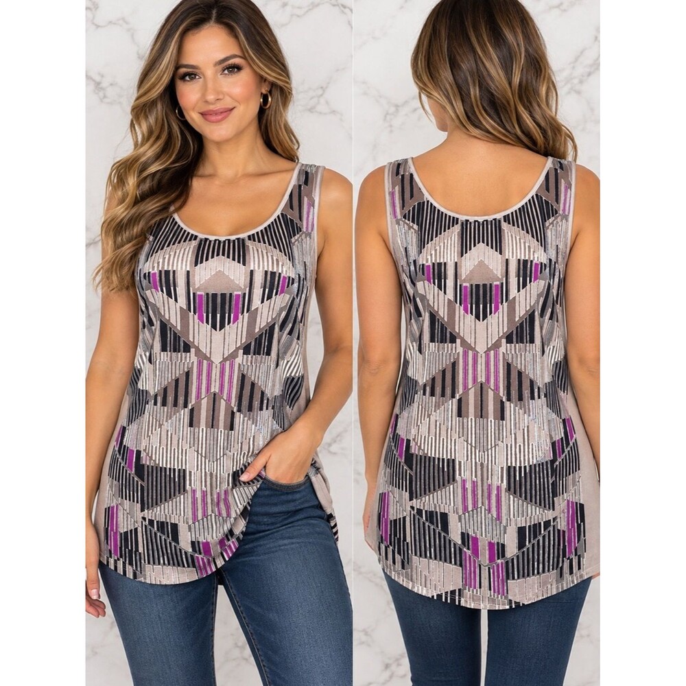 Worthington XL Geometric Sleeveless Blouse Taupe Pink Black Career Top